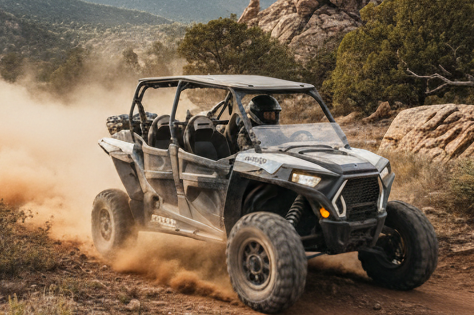 a polaris razor with two seats racing through the widerness