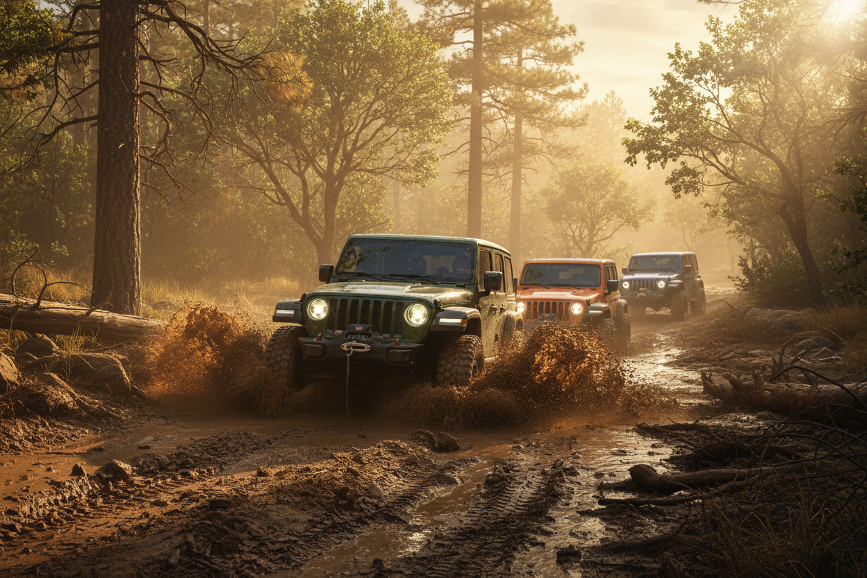 Jeeps Off-Roading Through Mud and Water